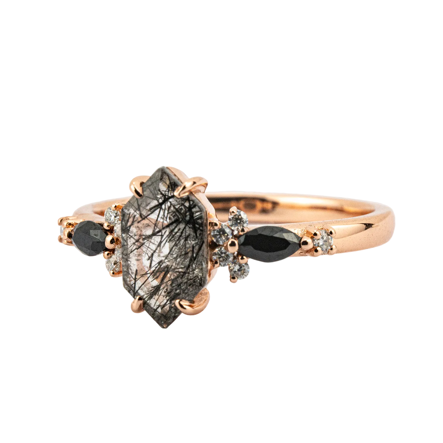 Product view of Long Hexagon Black Rutilated Quartz Ring in Gold