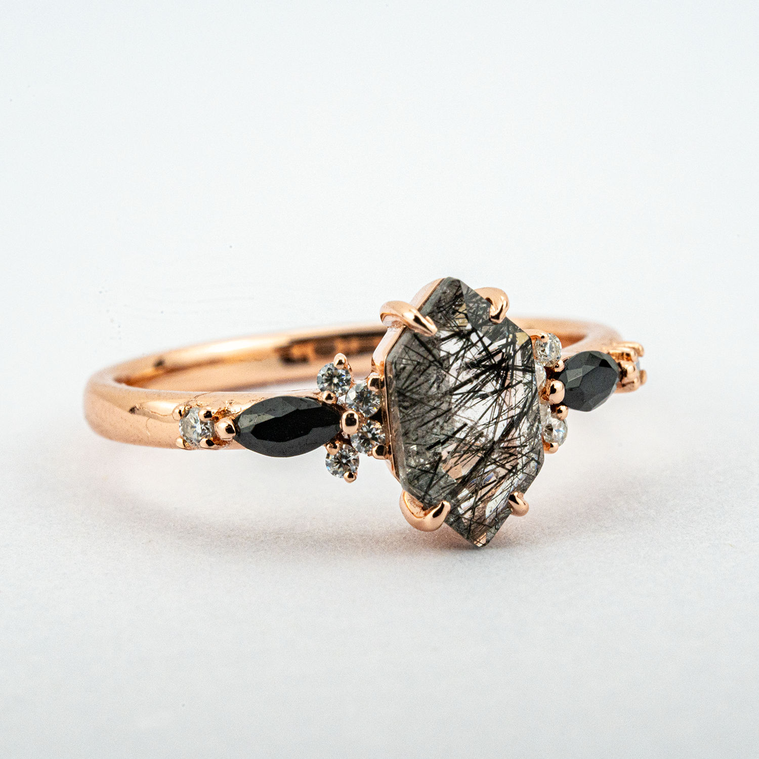 Hexagonal Tourmaline ring with Black Onyx gemstone - luxurious jewelry