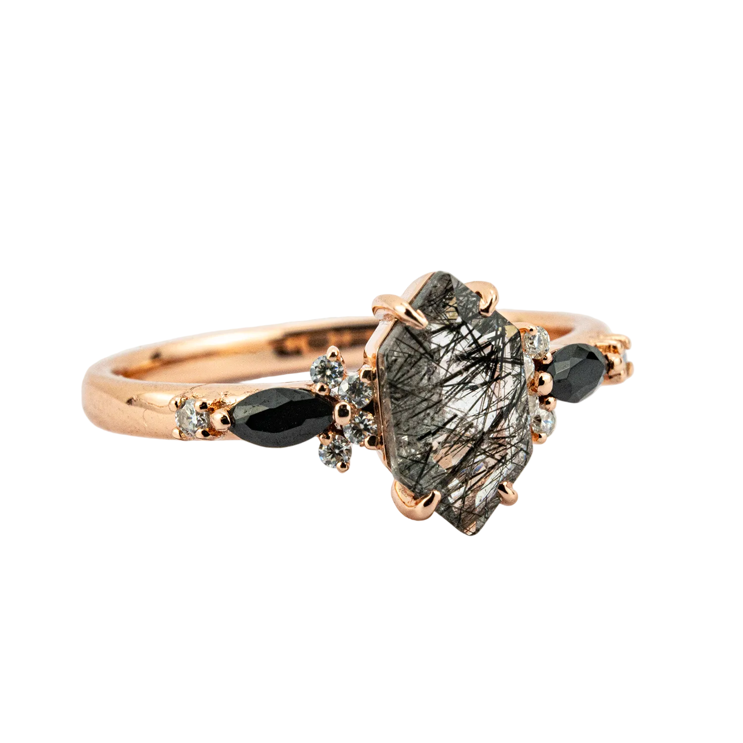 Product view of Long Hexagon Black Rutilated Quartz Ring in Gold