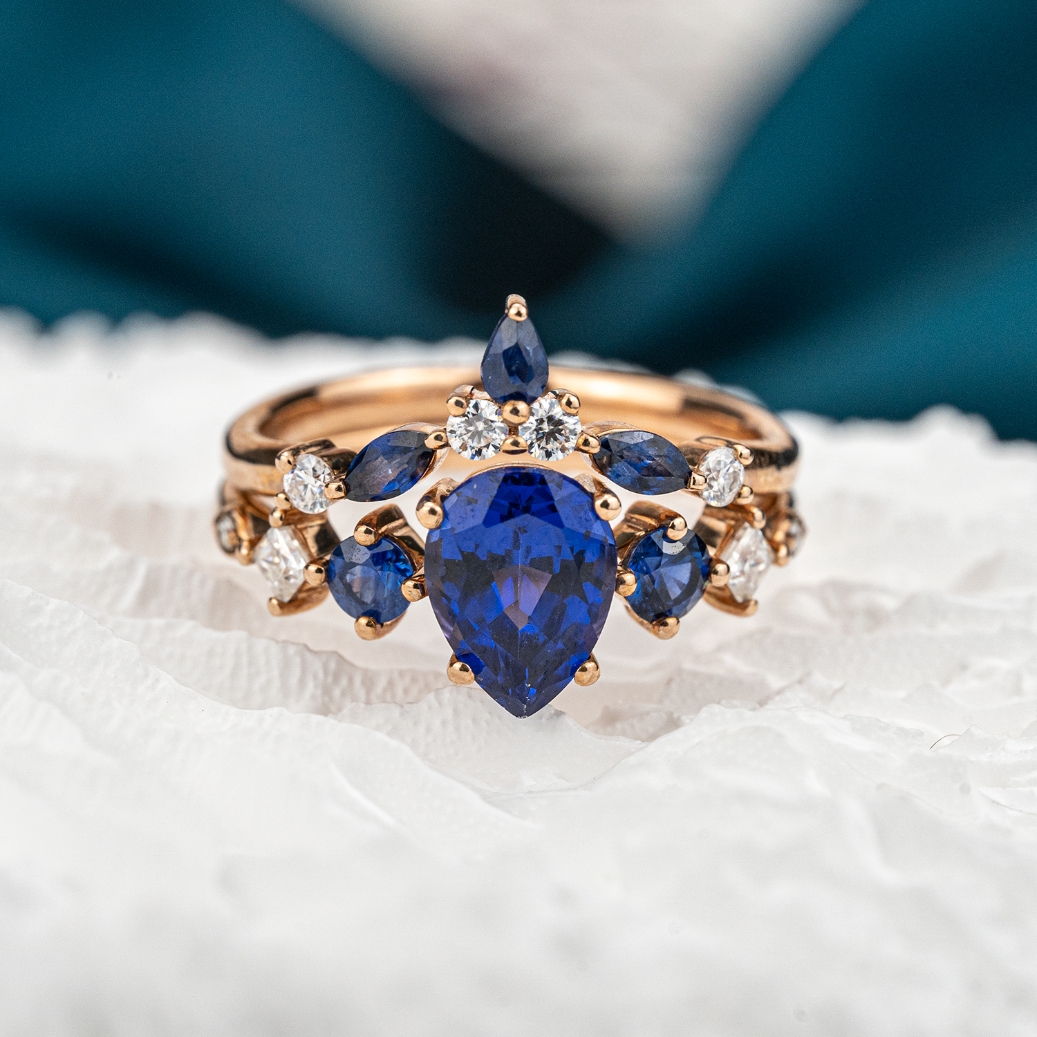 Luxurious Lab Pear Sapphire With Moissanite Ring Set.