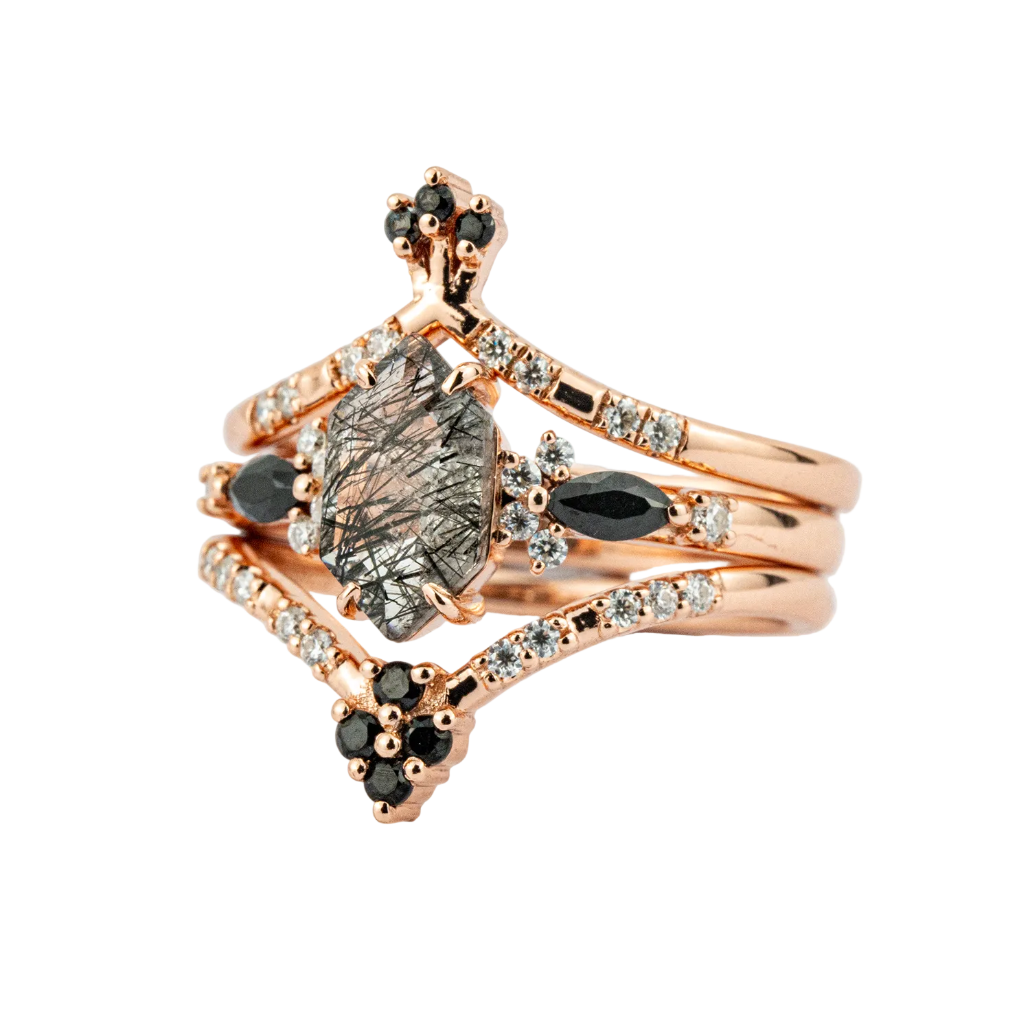 Product view of Long Hexagon Black Rutilated Quartz Ring Set in Gold