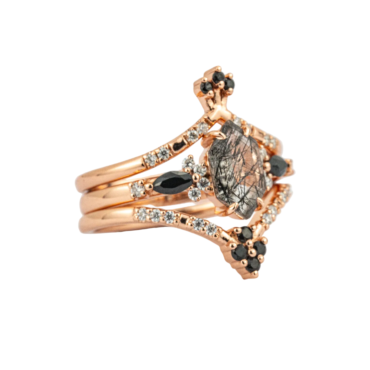 Product view of Long Hexagon Black Rutilated Quartz Ring Set in Gold