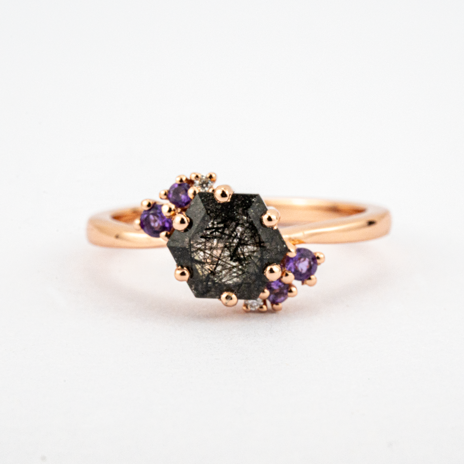 Hexagonal Black Tourmaline with Amethyst Rose Gold Ring.