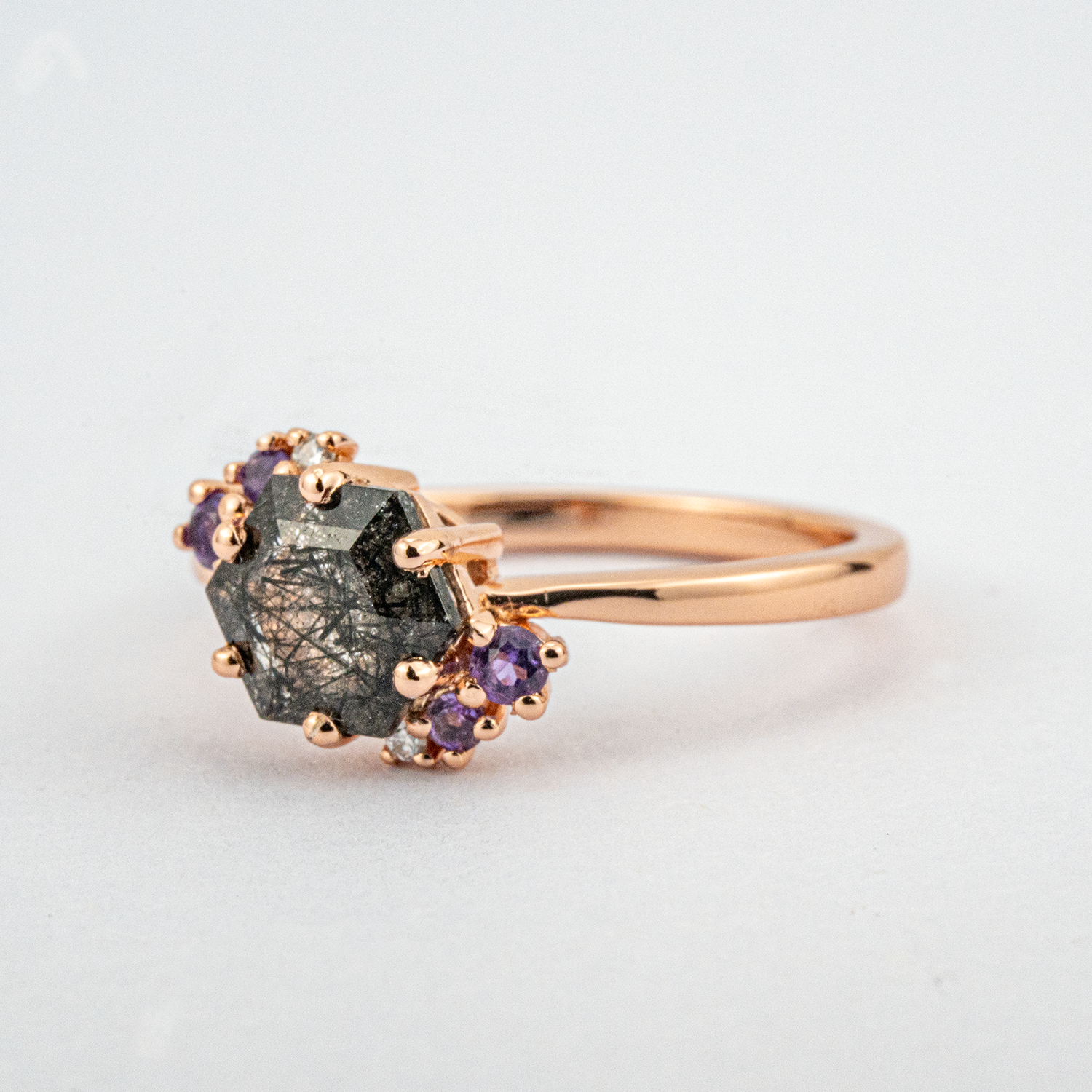 Hexagonal Black Tourmaline with Amethyst Rose Gold Ring.