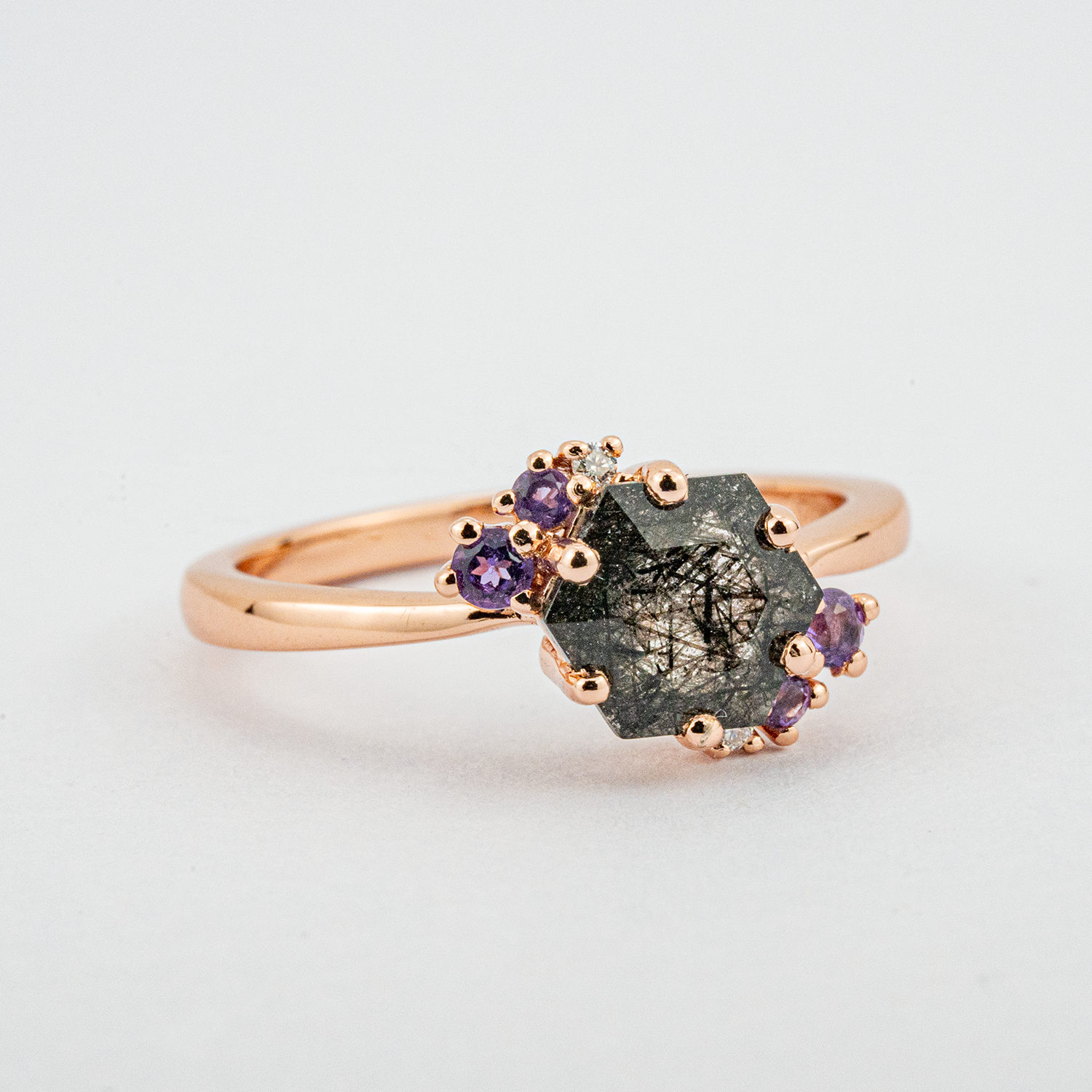 Hexagonal Black Tourmaline with Amethyst Rose Gold Ring.