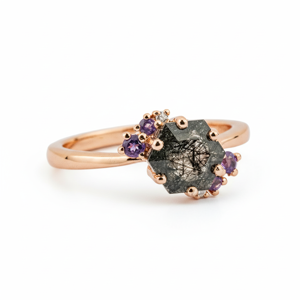 Product view of Hexagon Black Rutilated Quartz Ring in Rose Gold