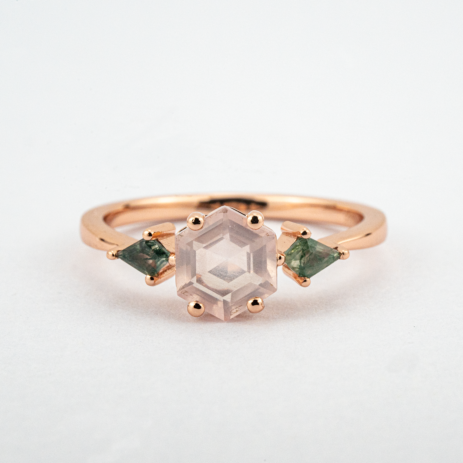 Unique hexagonal rose quartz and moss agate ring combo - a must-have!