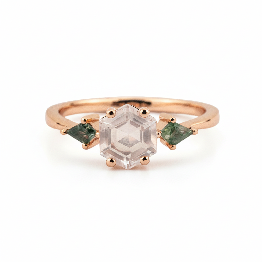Front view of Hexagon Rose Quartz Ring in Gold