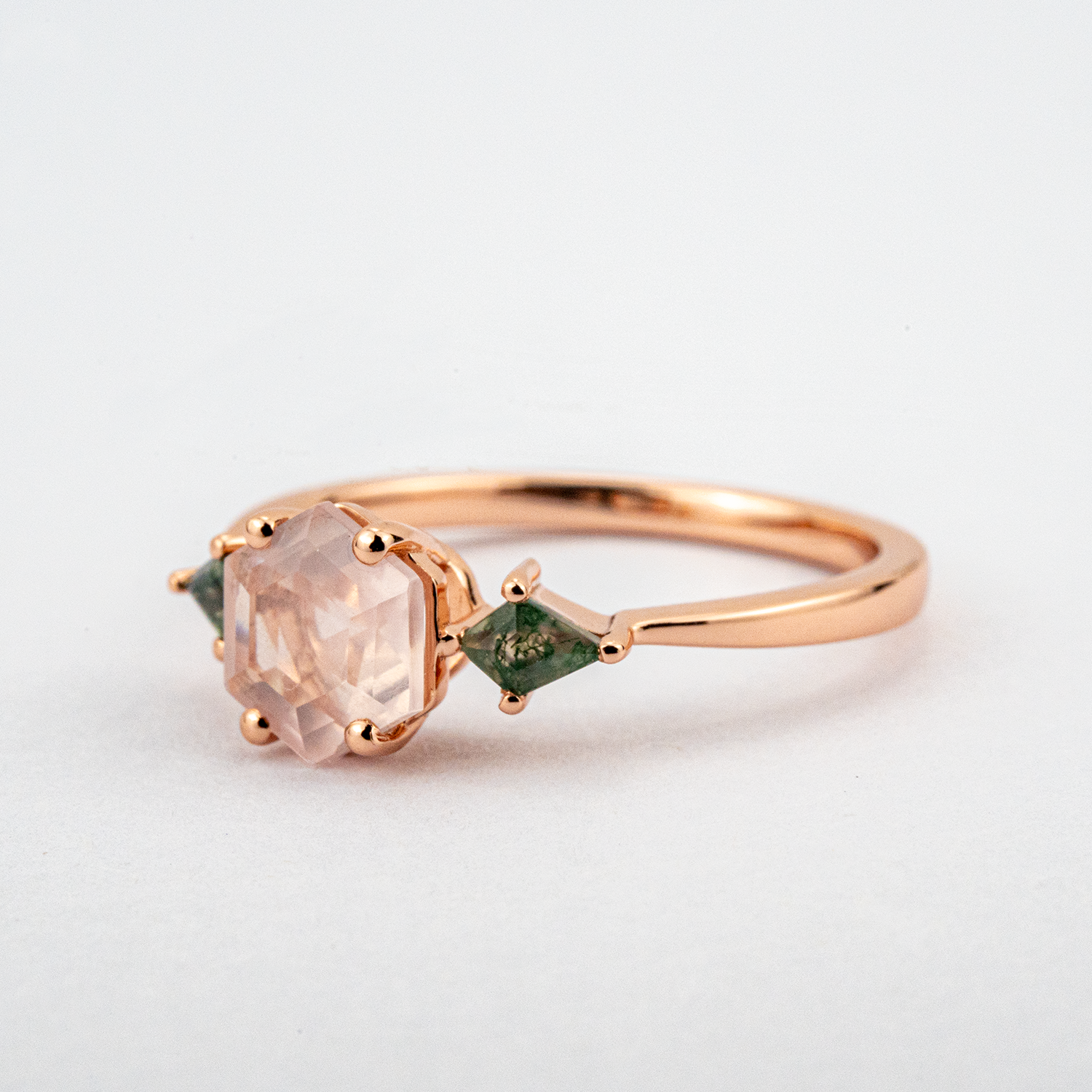 Unique hexagonal rose quartz and moss agate ring combo - a must-have!