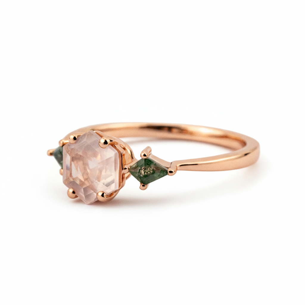 Product view of Hexagon Rose Quartz Ring in Gold