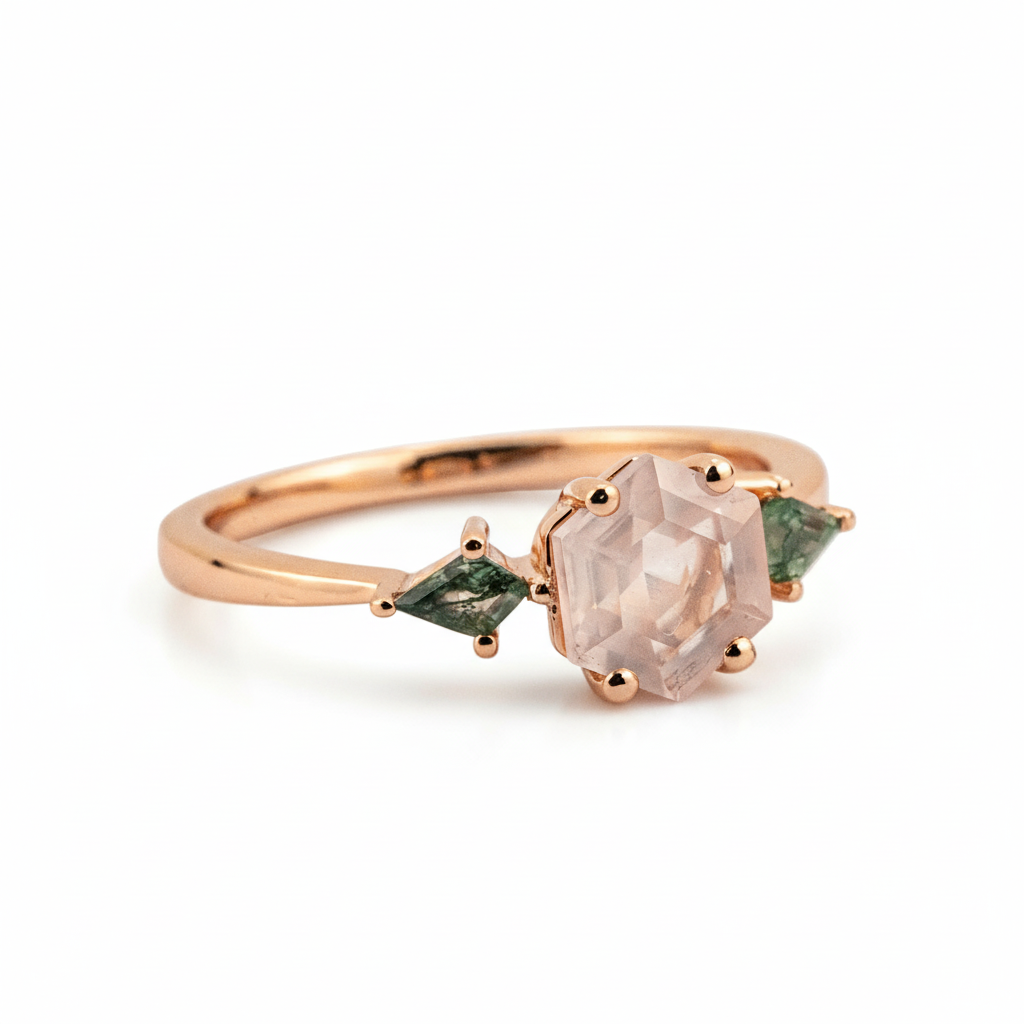 Product view of Hexagon Rose Quartz Ring in Gold