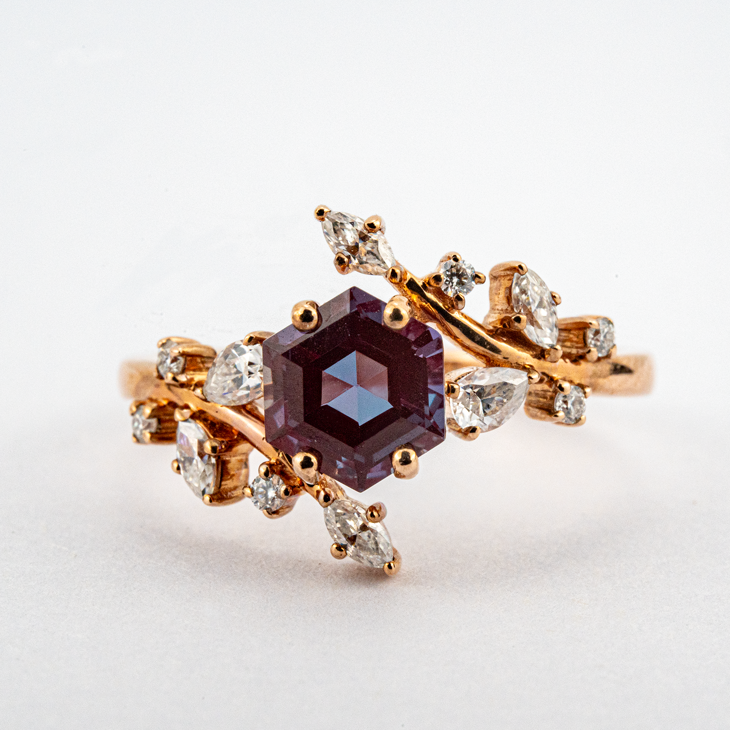 Hexagon Lab Alexandrite Leaf Ring With Moissanite.