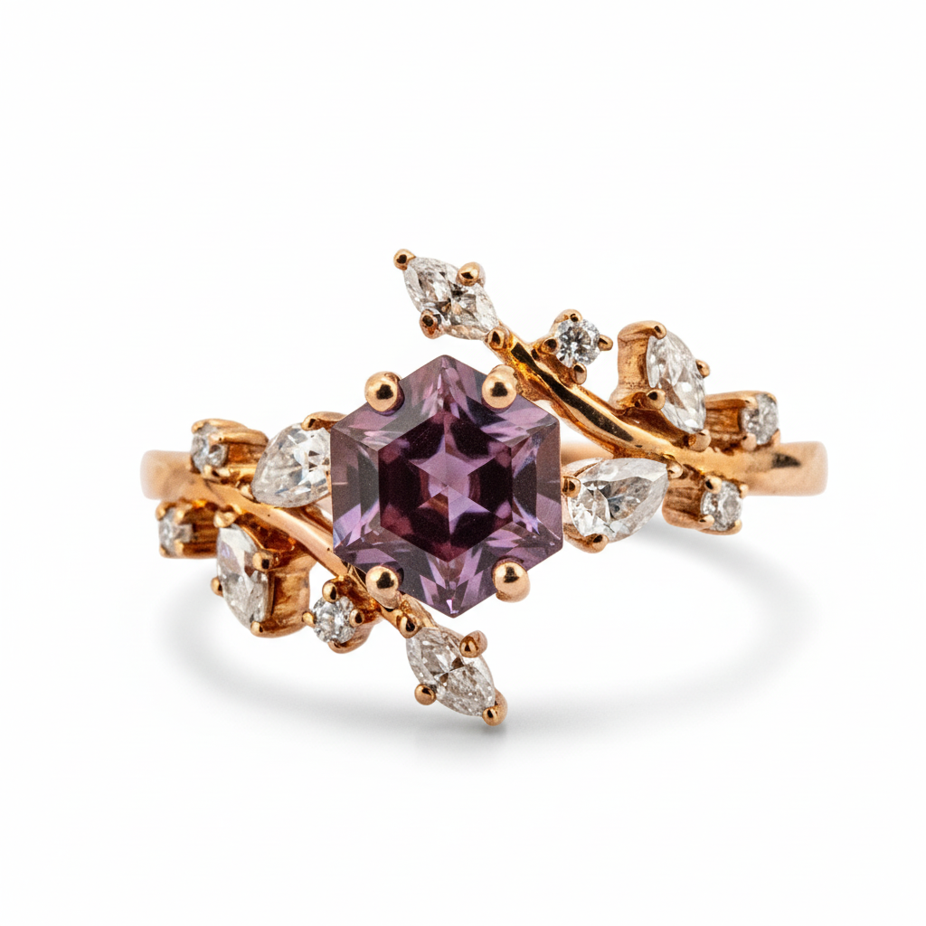 Front view of Hexagon Alexandrite Ring in Gold