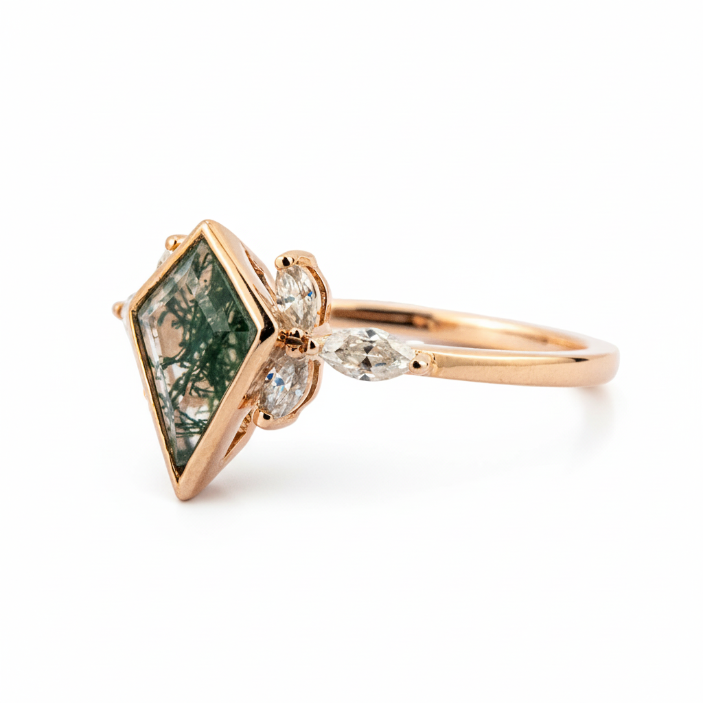 Product view of Kite Cut Moss Agate Ring in Gold