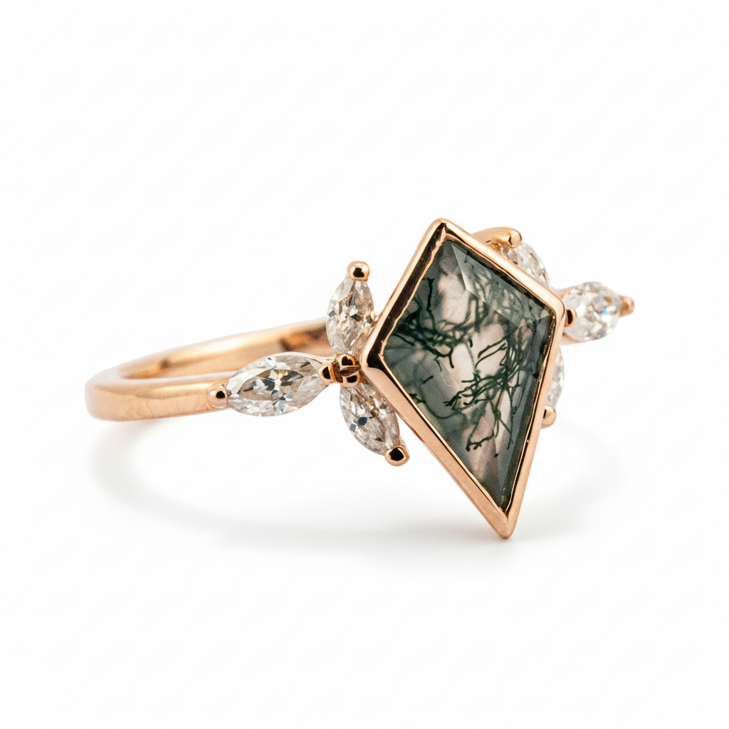 Product view of Kite Cut Moss Agate Ring in Gold