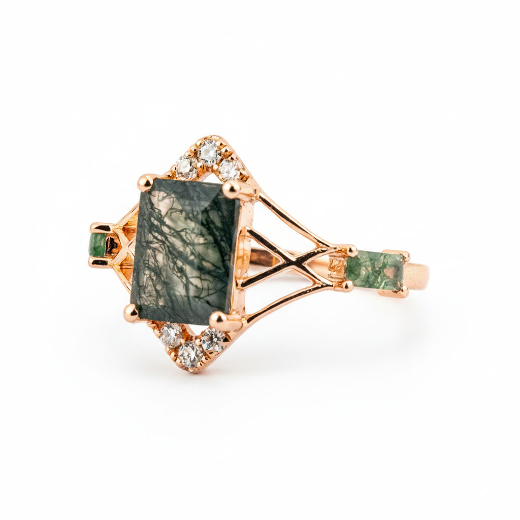 Product view of Square Moss Agate Ring in Gold