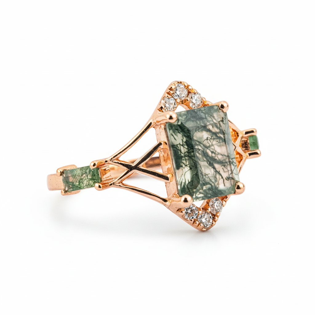 Product view of Square Moss Agate Ring in Gold