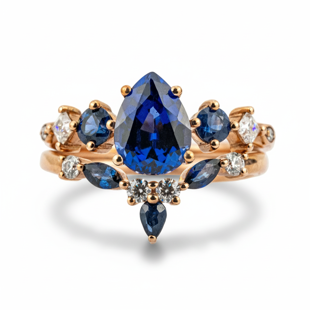 Luxurious Lab Pear Sapphire With Moissanite Ring Set.