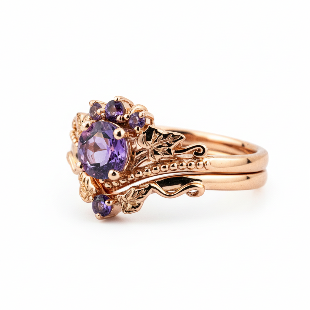 Detailed view of Round Amethyst Ring Set in Gold