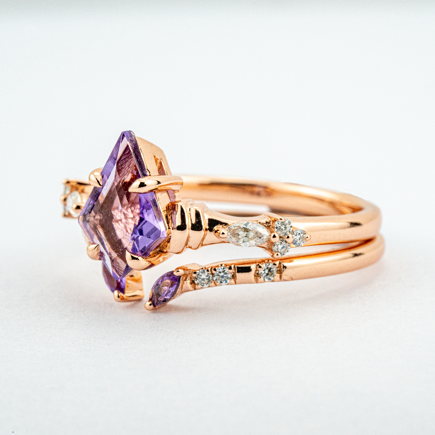 Kite Amethyst Rose Gold Engagement Ring Set - Stunning jewelry for special occasions