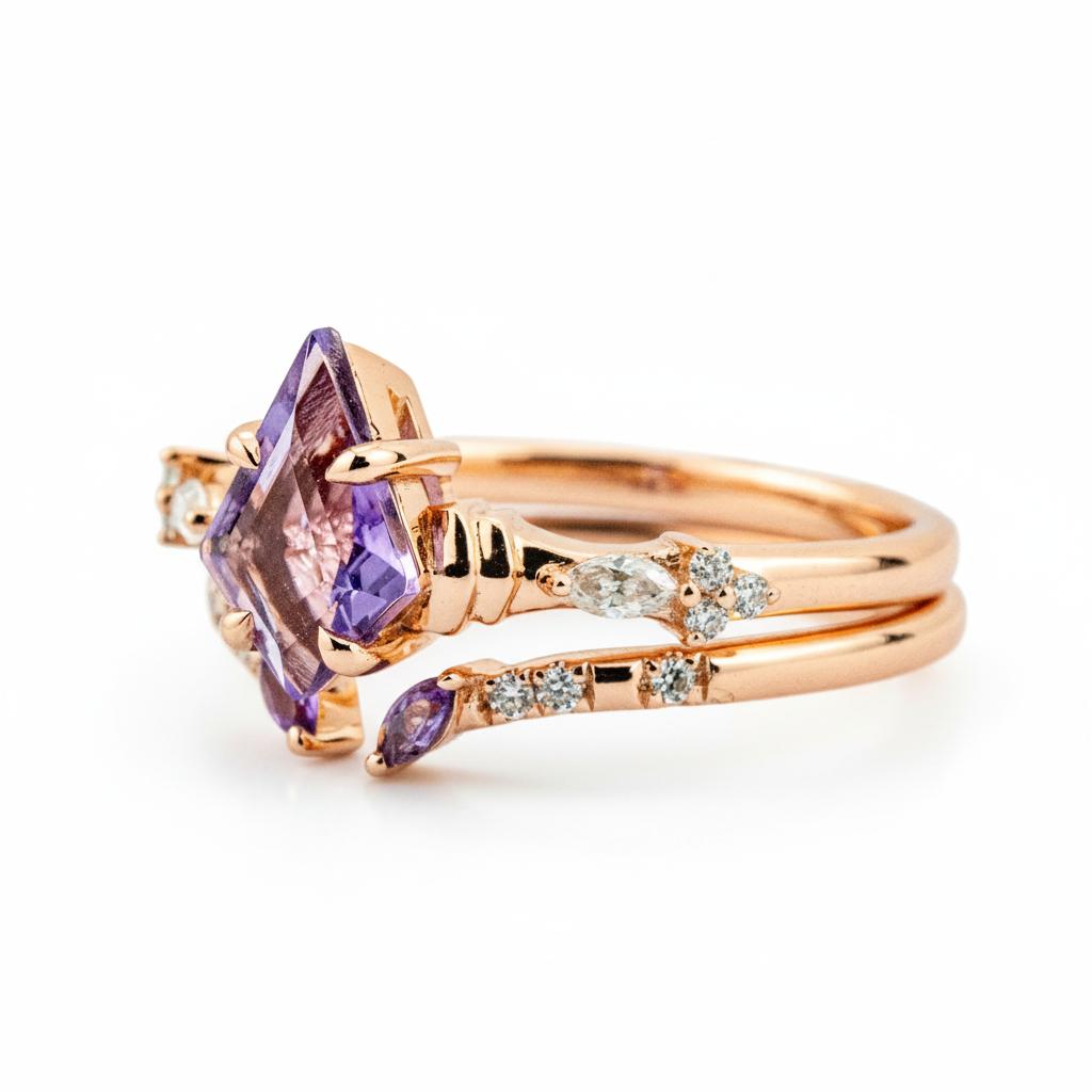 Product view of Kite Cut Amethyst Ring Set in Gold