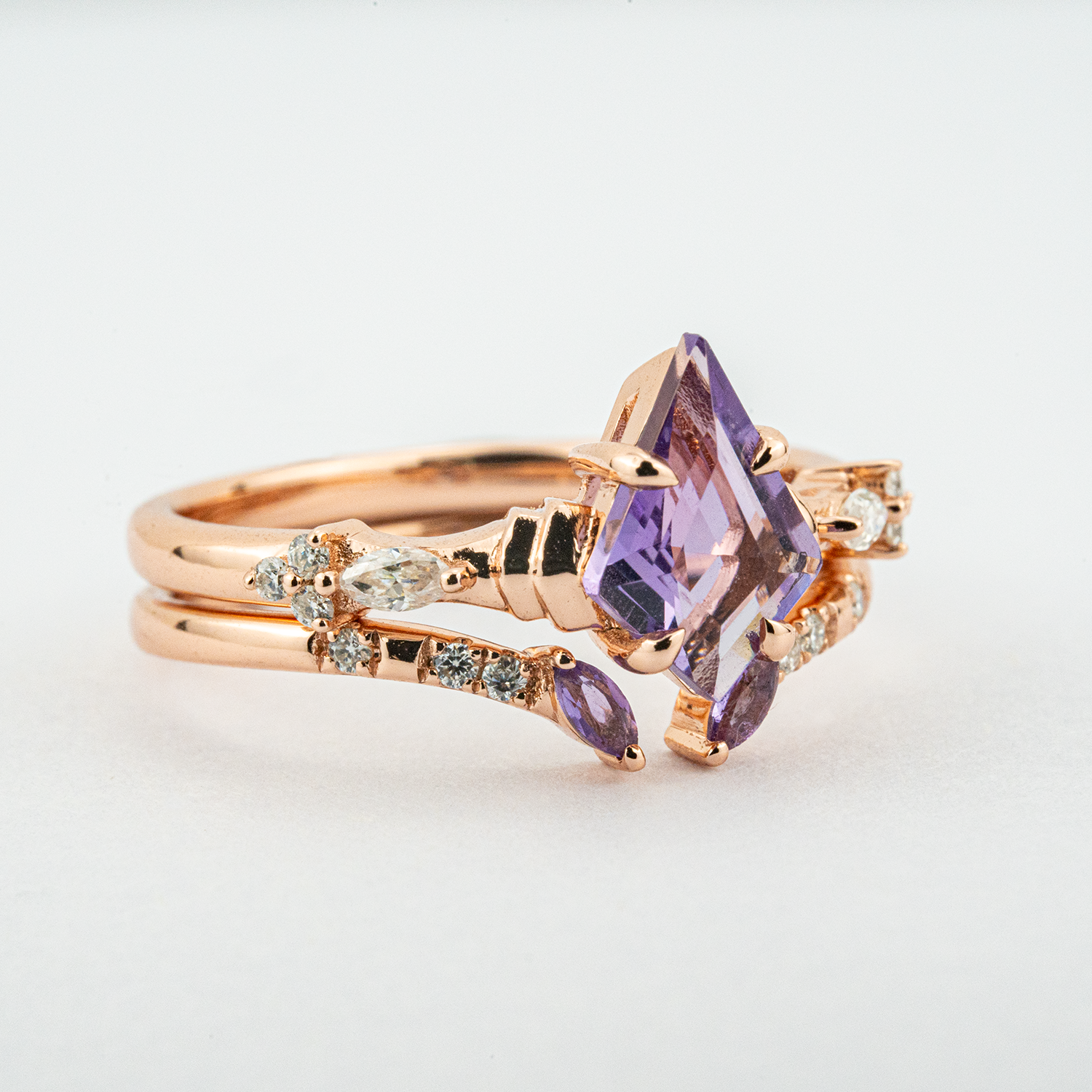 Kite Amethyst Rose Gold Engagement Ring Set - Stunning jewelry for special occasions