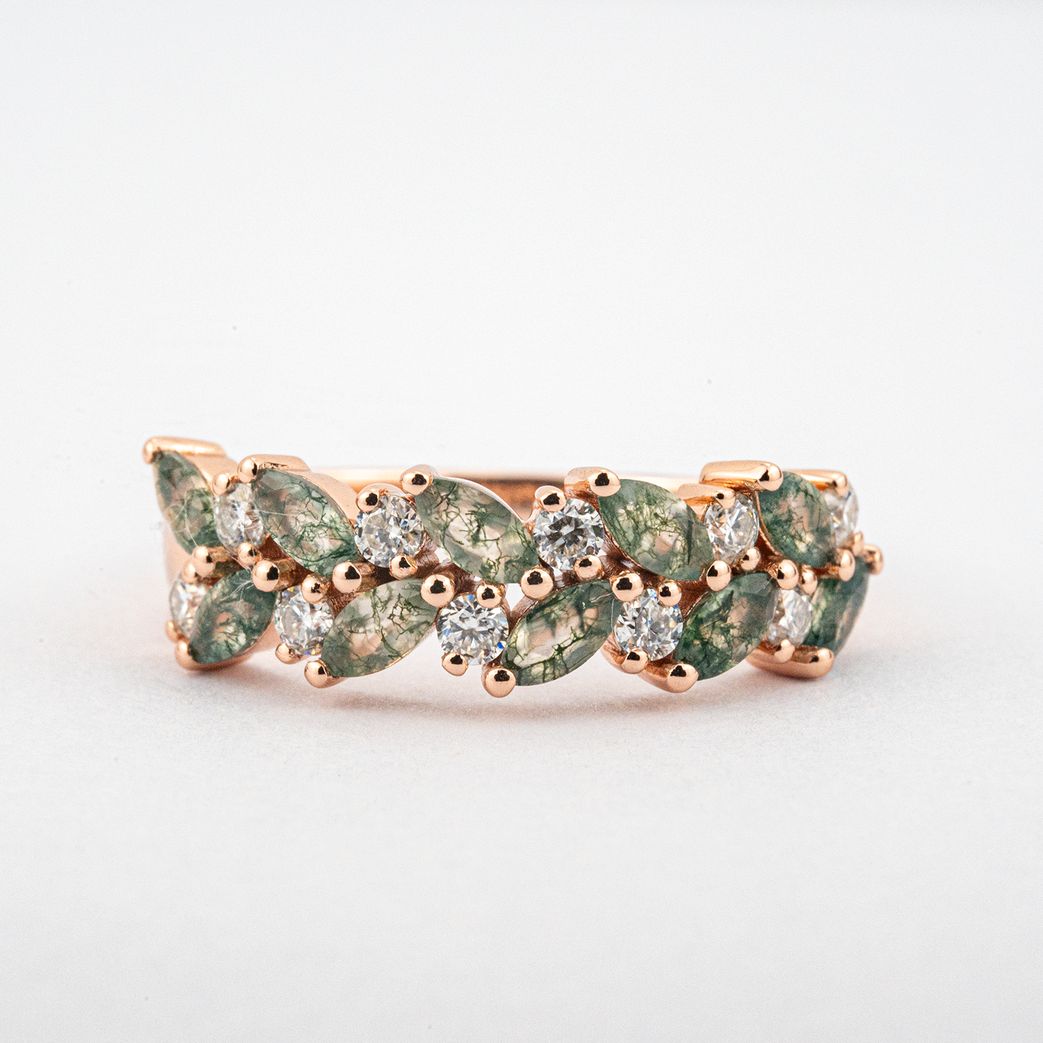 Nature Inspired Design Moss Agate Gold Ring With Moissanite.
