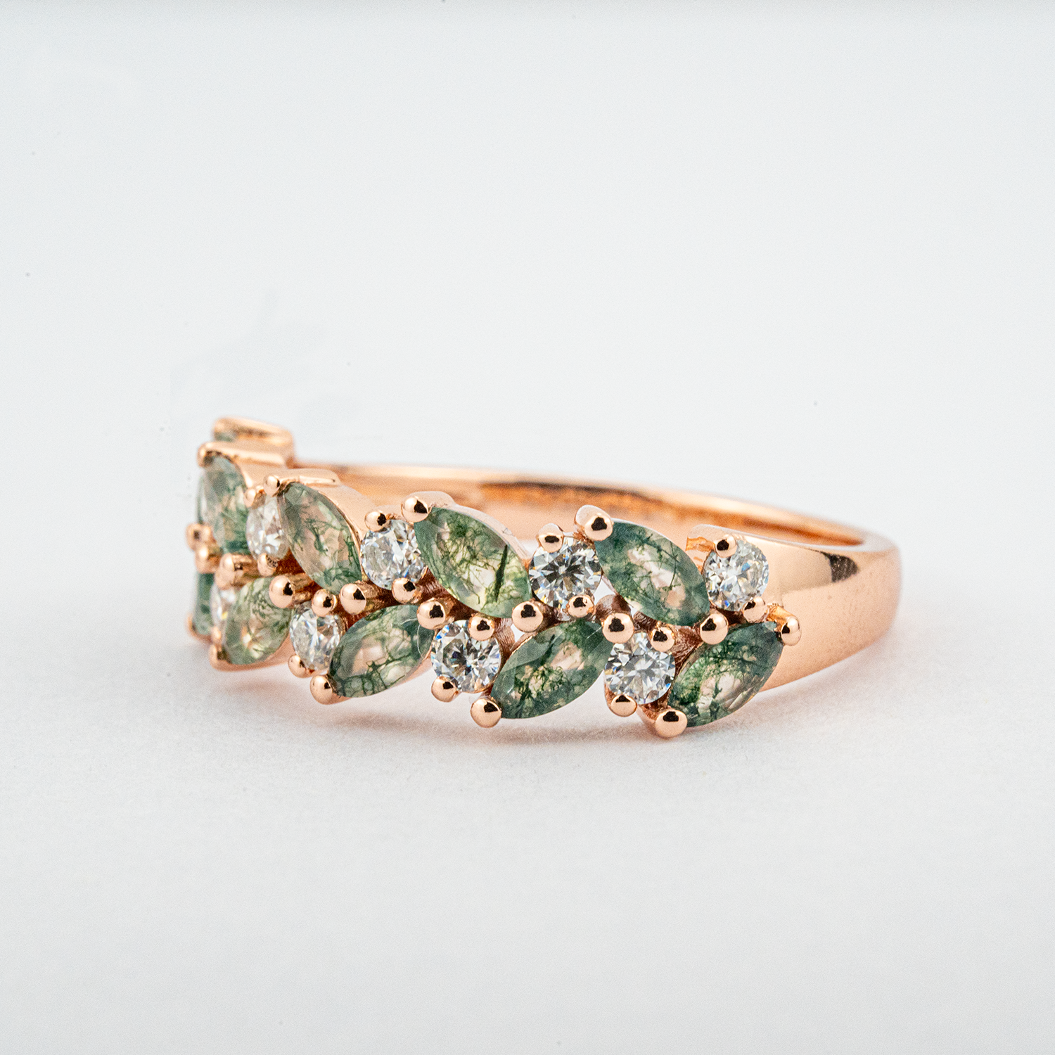 Nature Inspired Design Moss Agate Gold Ring With Moissanite.