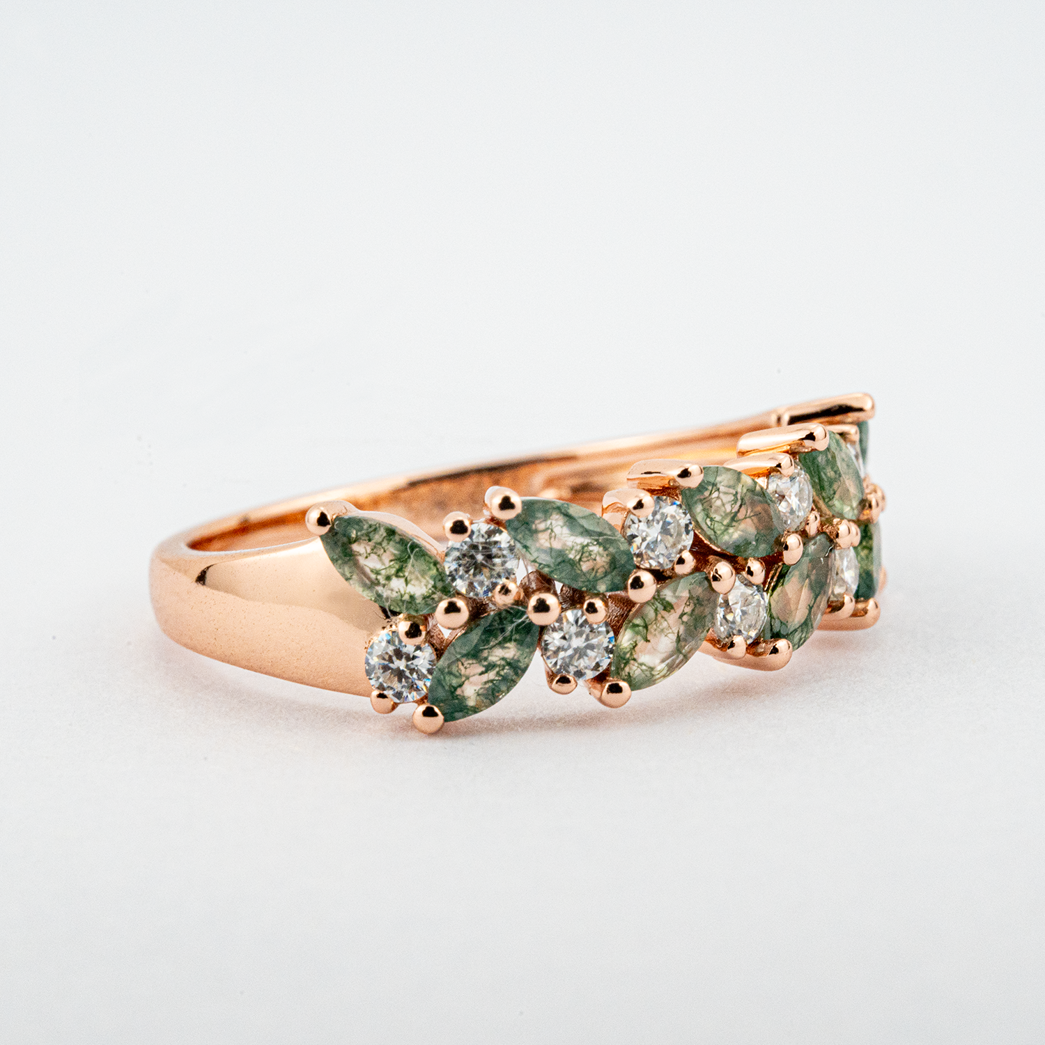 Nature Inspired Design Moss Agate Gold Ring With Moissanite.