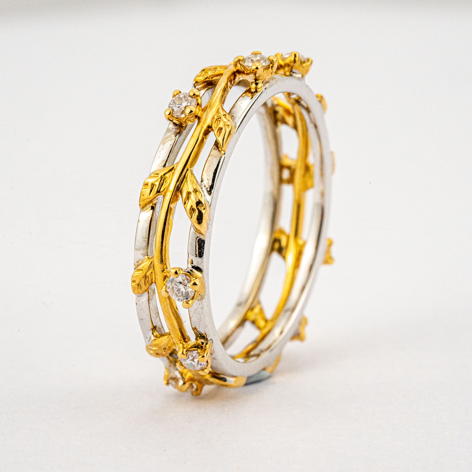 Colorful moissanite wedding ring with intricate details, perfect for adding a pop of color to your bridal ensemble.
