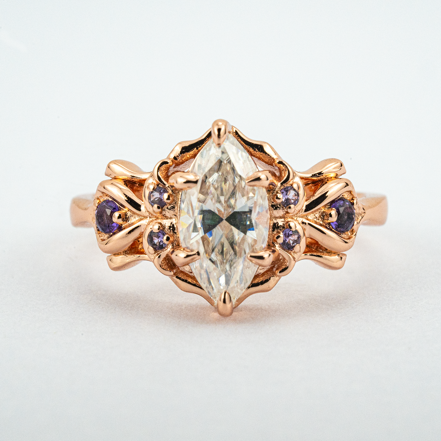 Marquise Moissanite Ring with Amethyst - Exquisite Engagement Jewelry