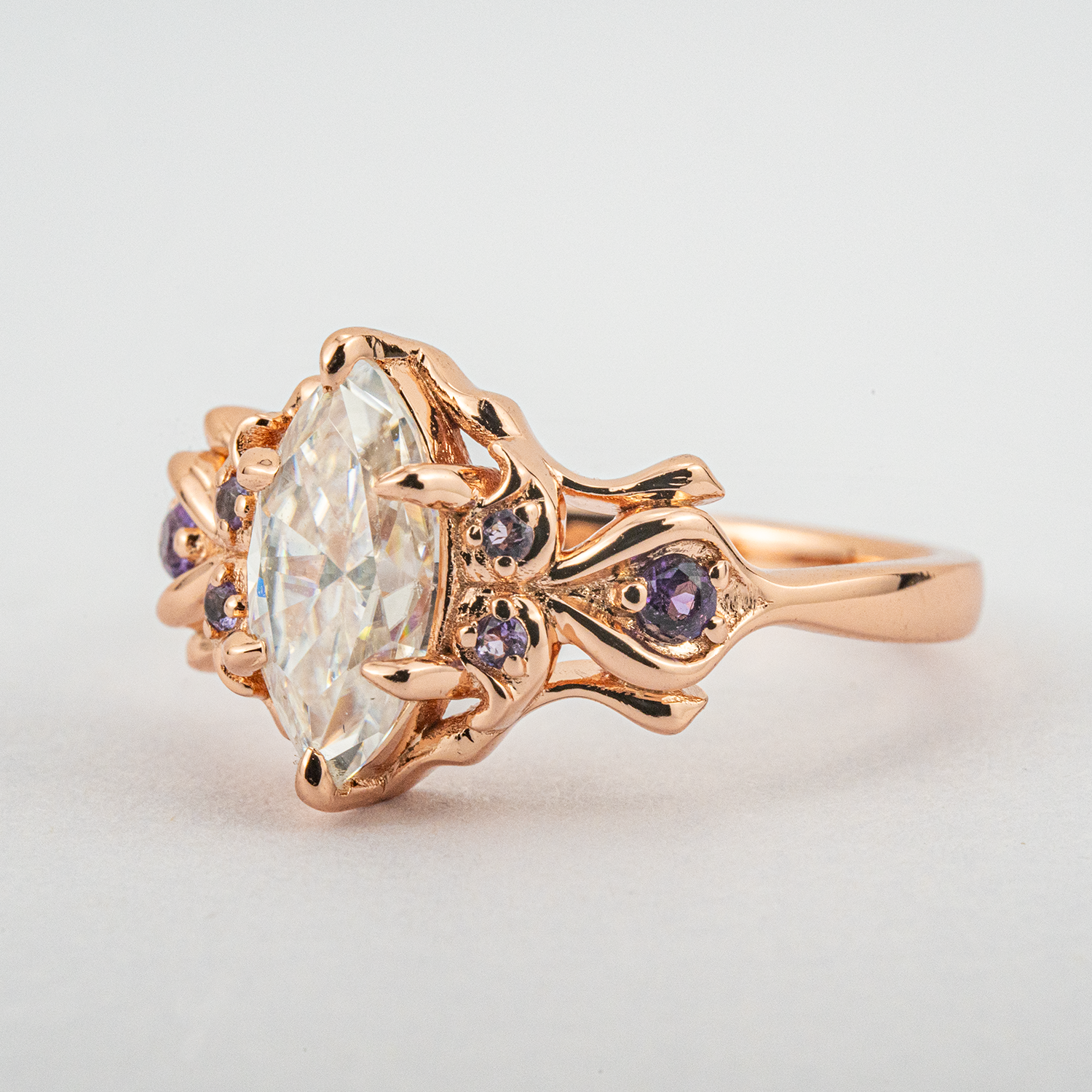 Marquise Moissanite Ring with Amethyst - Exquisite Engagement Jewelry