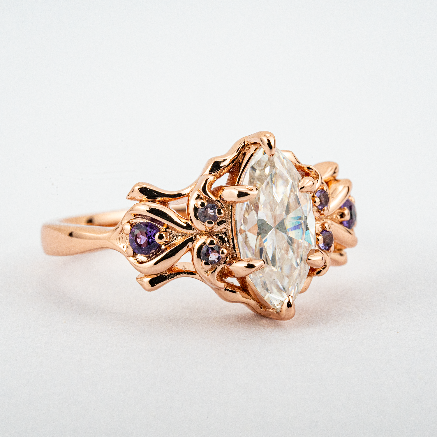 Marquise Moissanite Ring with Amethyst - Exquisite Engagement Jewelry