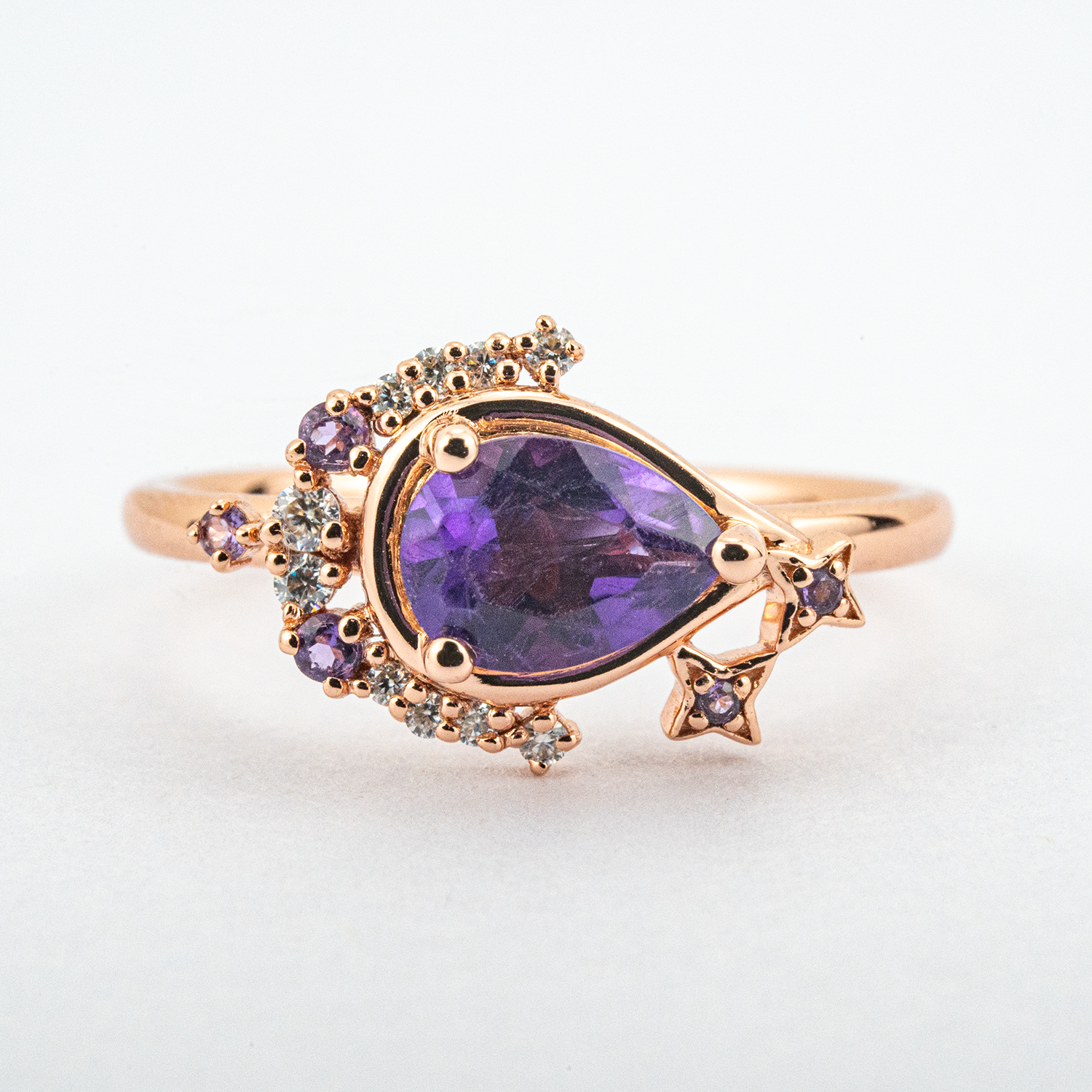 Pear Amethyst Star and Moon Ring With Moissanite