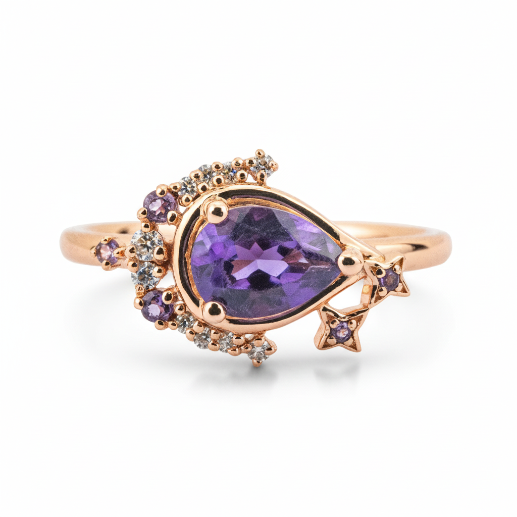 Pear Amethyst Star and Moon Ring With Moissanite
