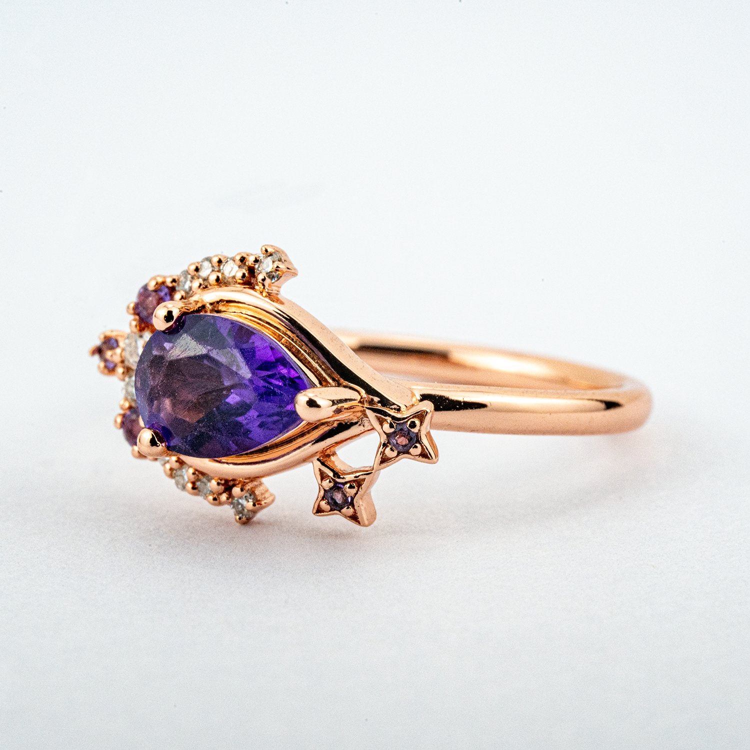 Pear Amethyst Star and Moon Ring With Moissanite