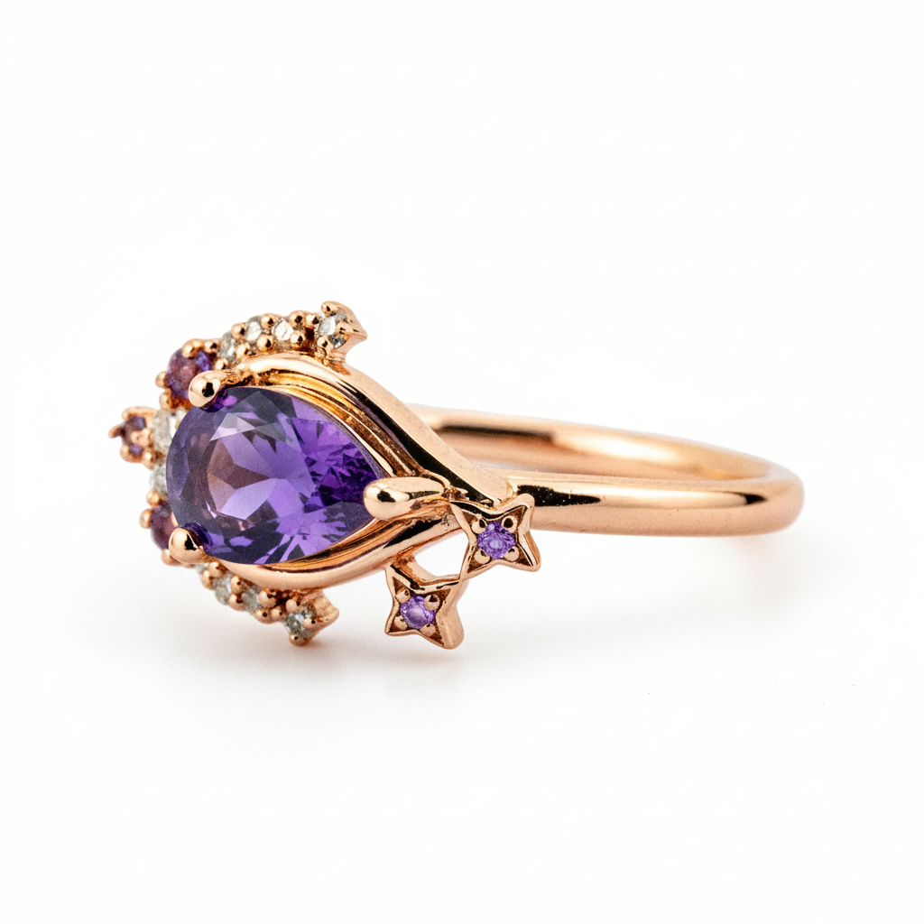Pear Amethyst Star and Moon Ring With Moissanite
