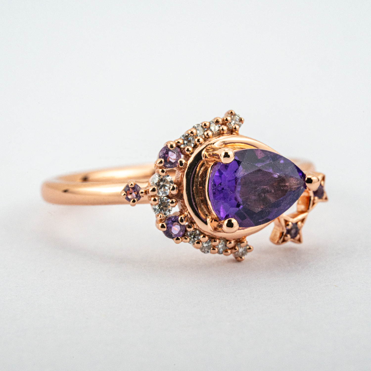 Pear Amethyst Star and Moon Ring With Moissanite