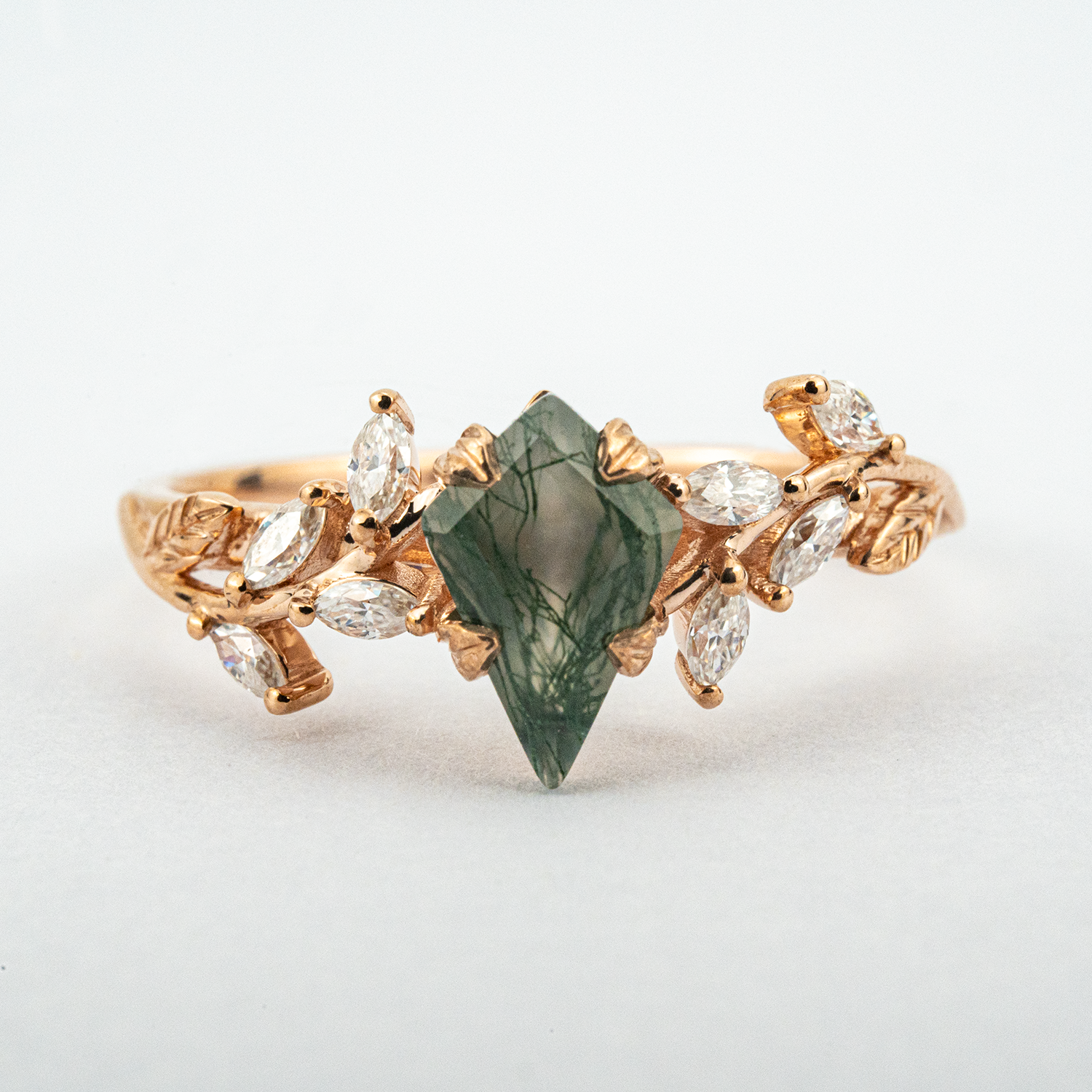 Elegant Leaf Ring crafted with Kite Moss Agate, perfect for weddings, engagement and special occasions.
