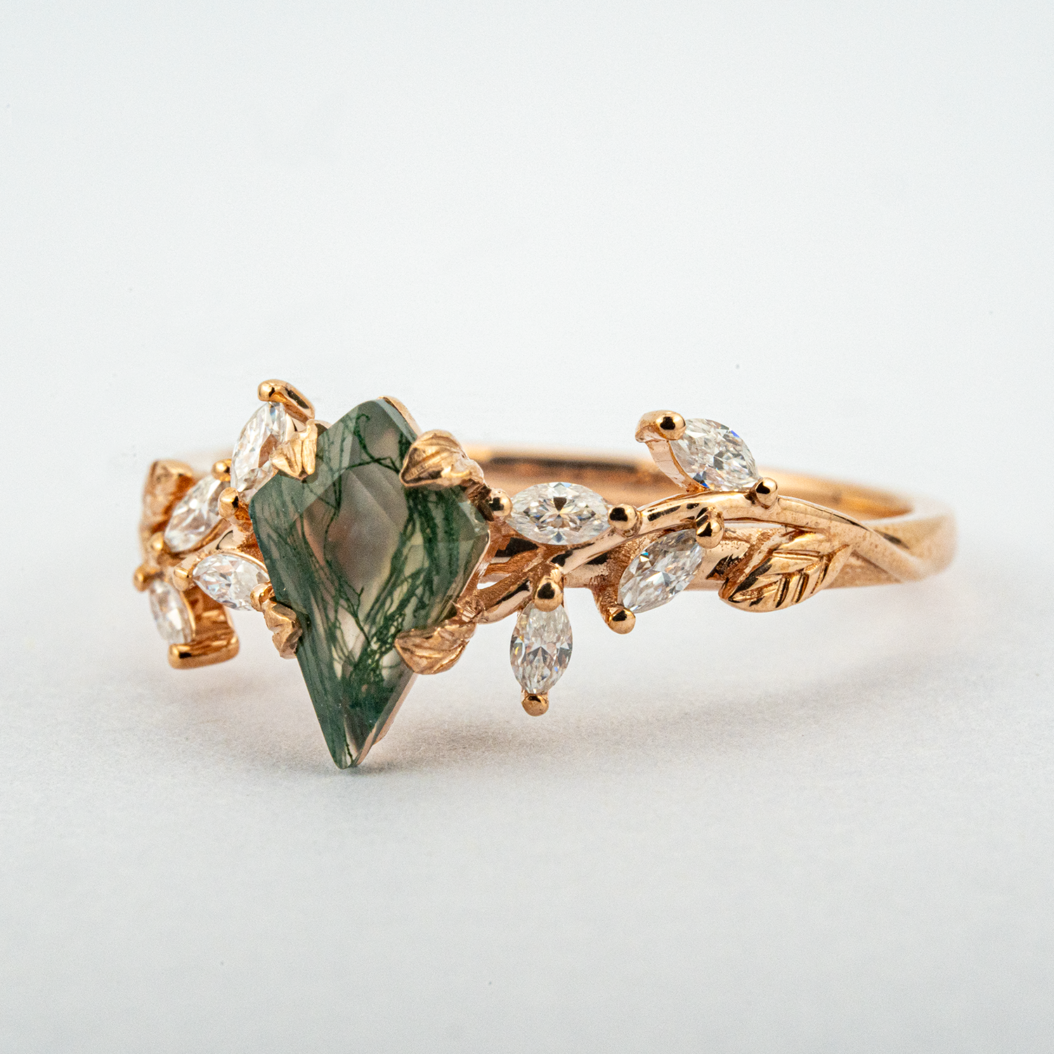 Elegant Leaf Ring crafted with Kite Moss Agate, perfect for weddings, engagement and special occasions.
