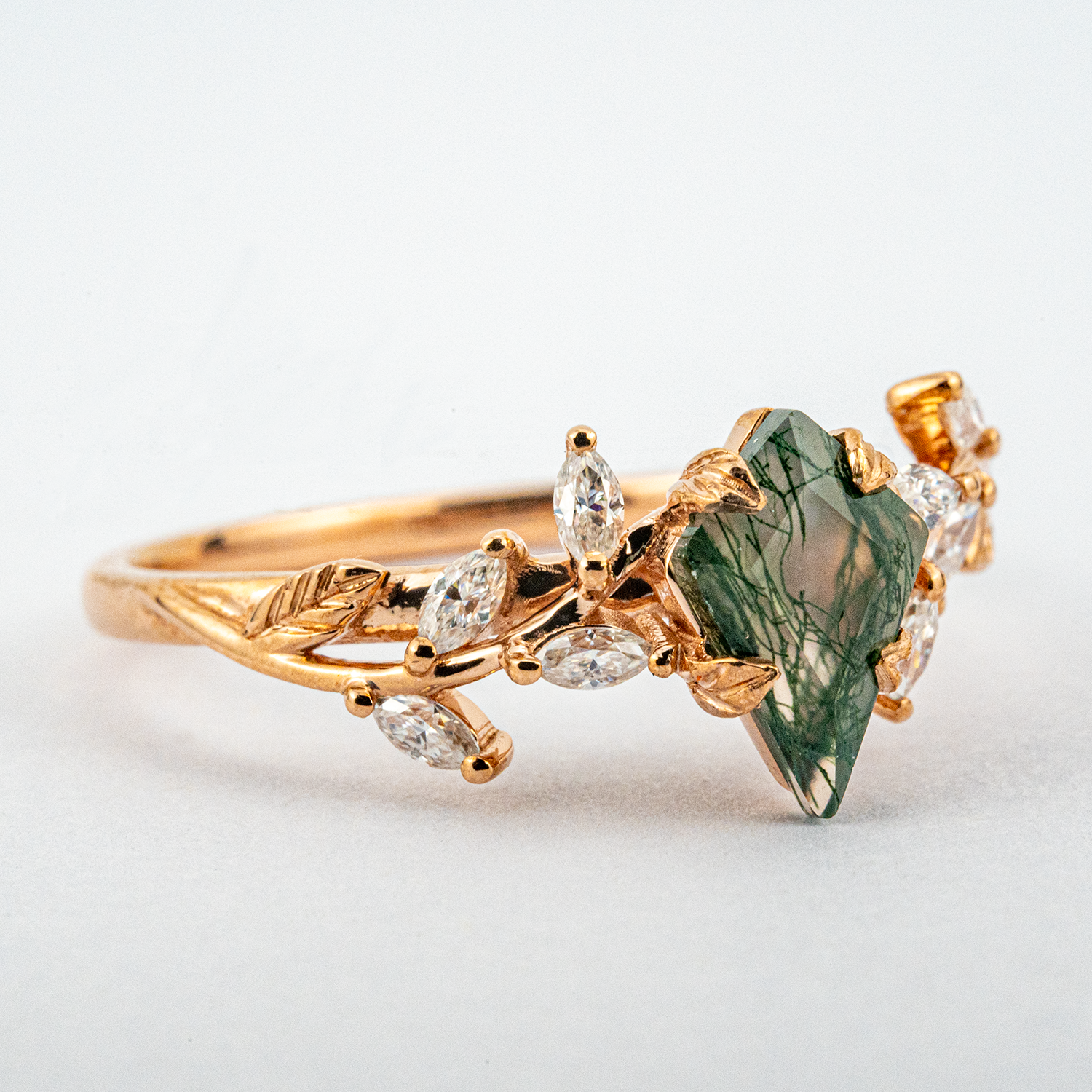 Elegant Leaf Ring crafted with Kite Moss Agate, perfect for weddings, engagement and special occasions.