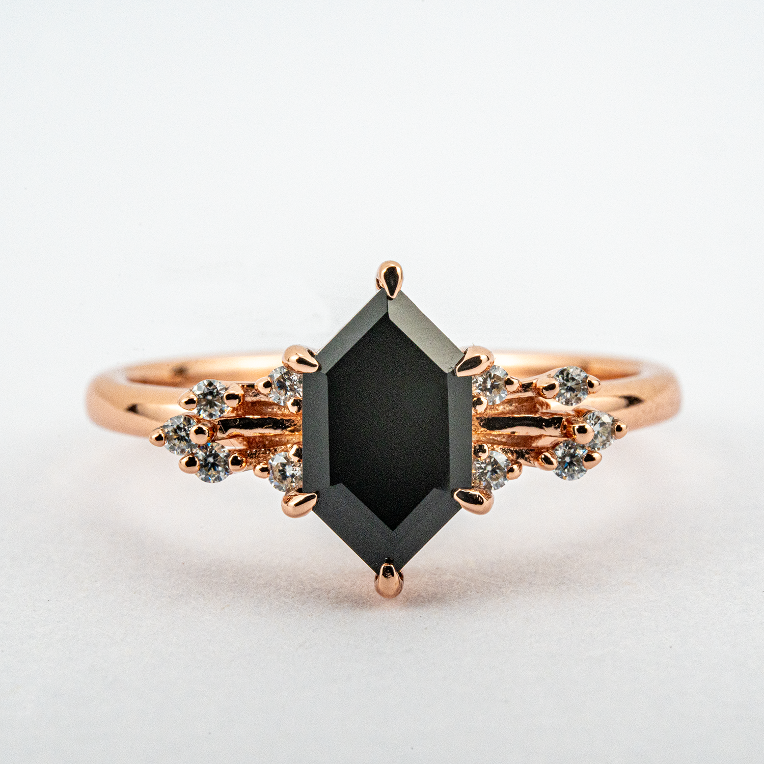 Stunning hexagon black onyx ring for modern engagement with moissanite accent