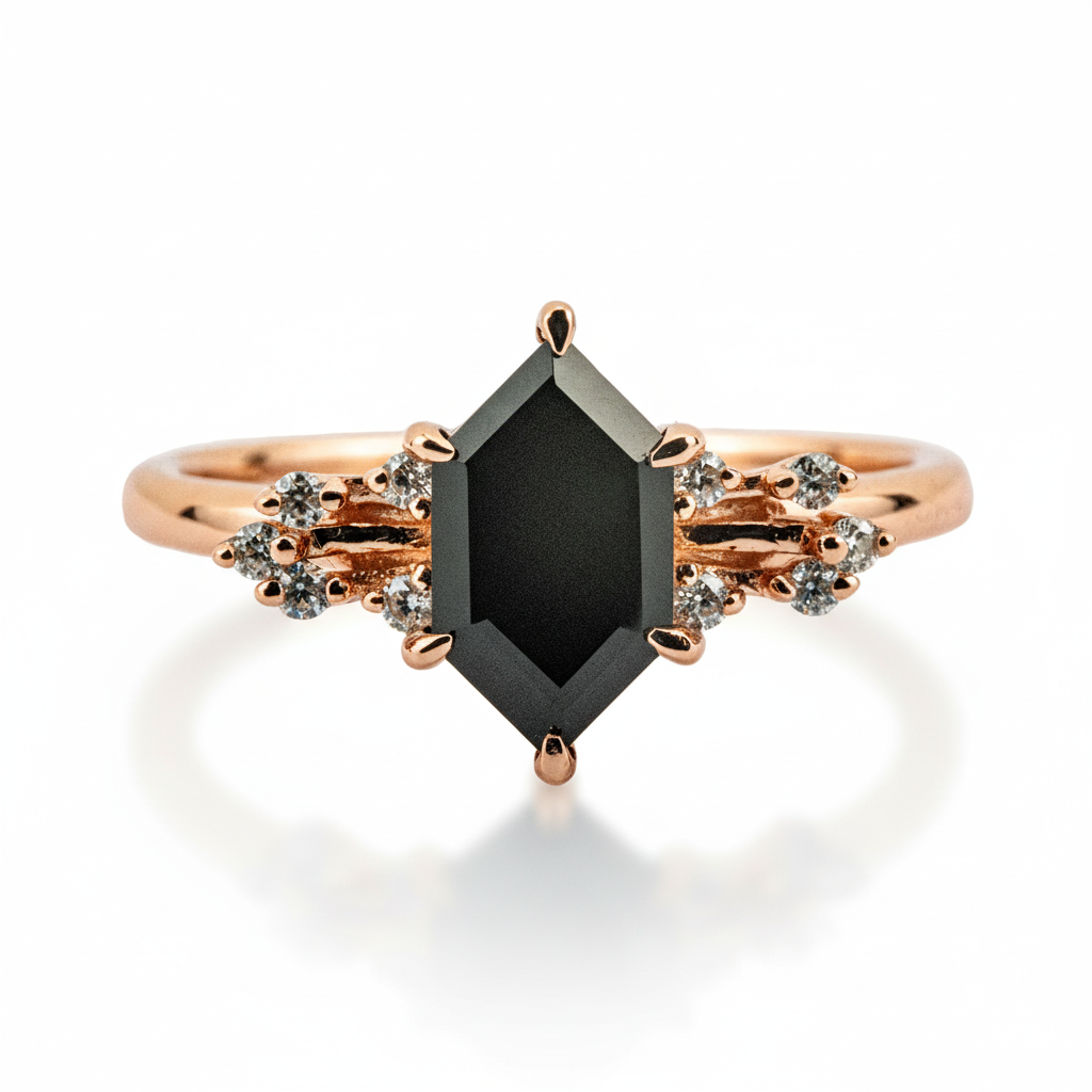 Stunning hexagon black onyx ring for modern engagement with moissanite accent