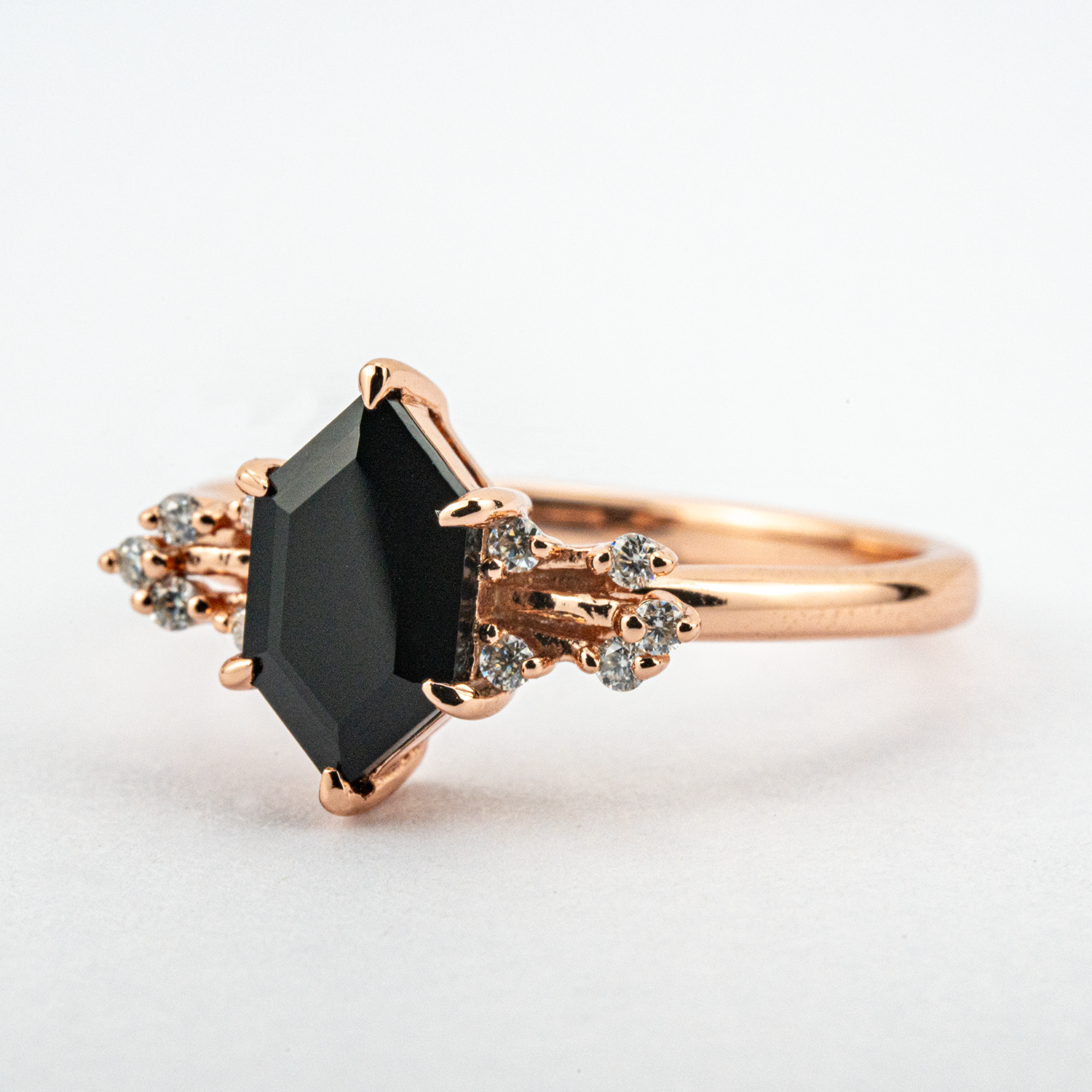 Stunning hexagon black onyx ring for modern engagement with moissanite accent