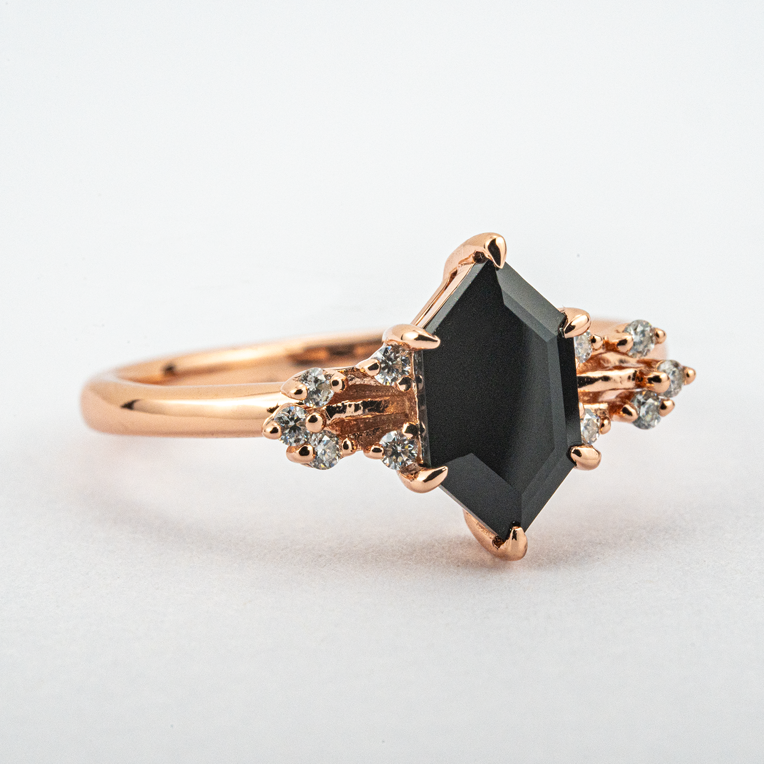 Stunning hexagon black onyx ring for modern engagement with moissanite accent