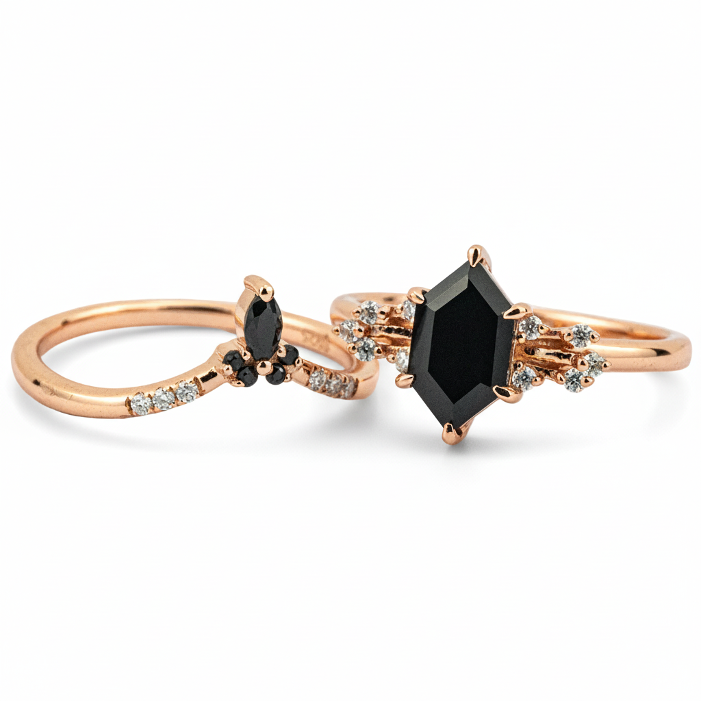 Luxurious Hexagon Black Onyx Ring Set - Unique Engagement Rings for Ultimate Elegance