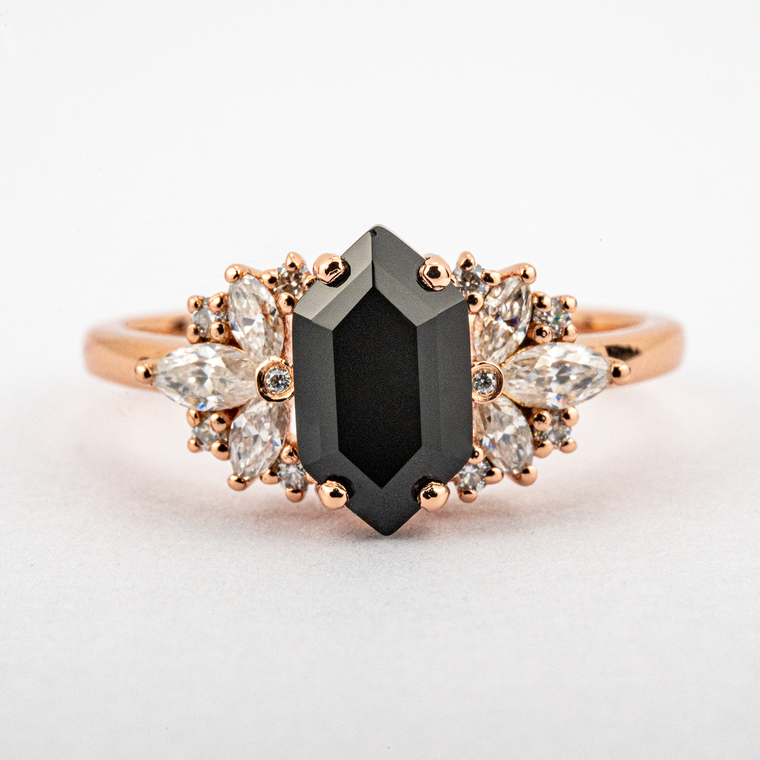 Long Hexagon Black Onyx Ring with Moissanite - Unique Engagement Ring