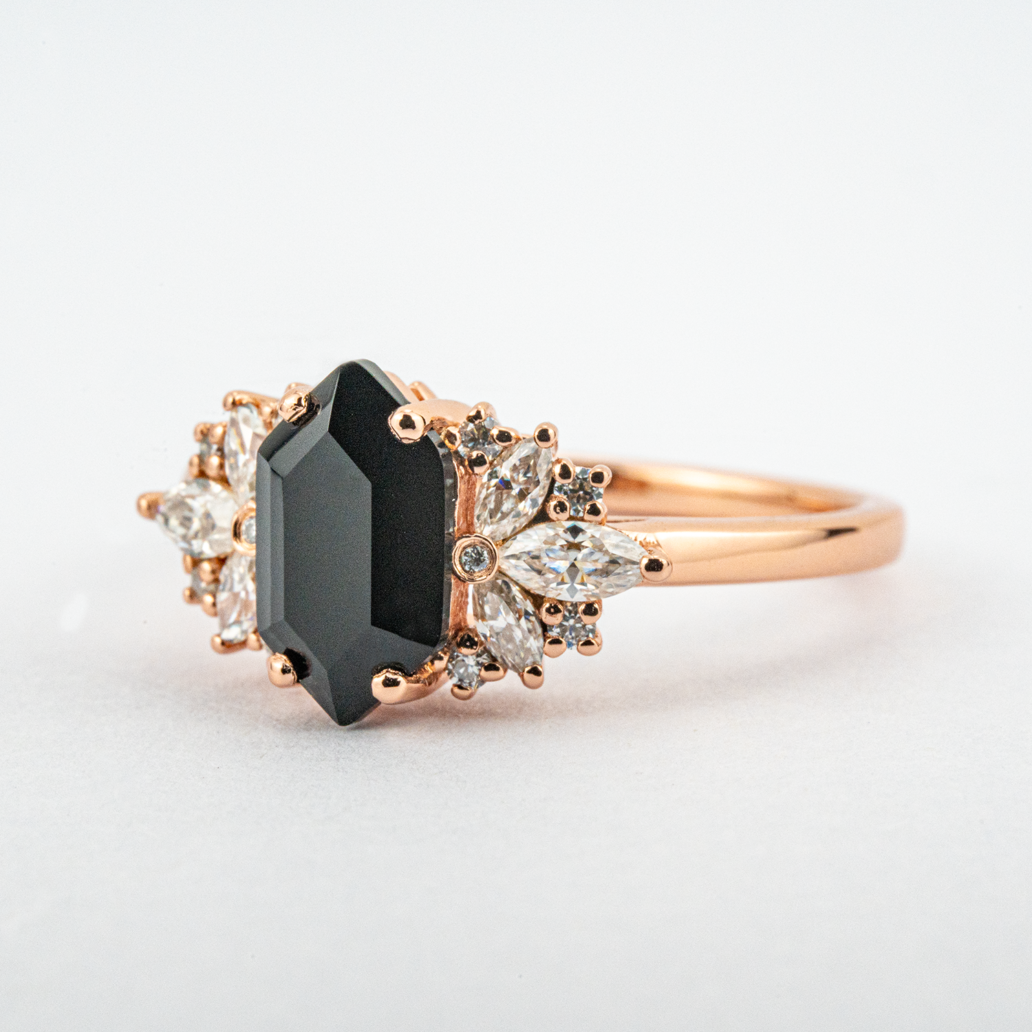 Long Hexagon Black Onyx Ring with Moissanite - Unique Engagement Ring
