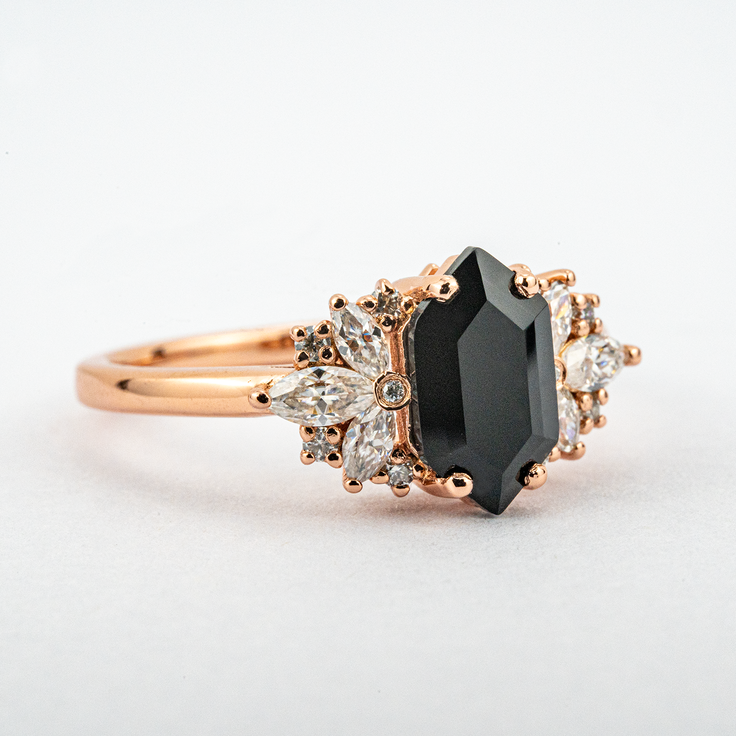 Long Hexagon Black Onyx Ring with Moissanite - Unique Engagement Ring
