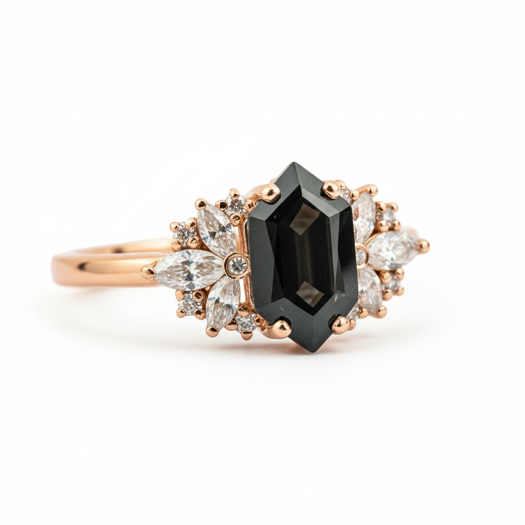 Product view of Long Hexagon Black Onyx Engagement Ring in Rose Gold
